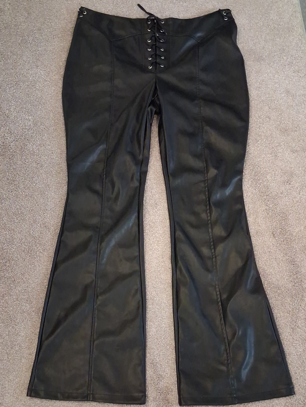NWOT Fashion Nova Black Faux Leather Lace-Up-Low Back Flared Women's Pants (1X)